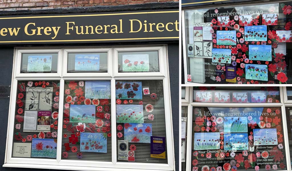 The windows from Andrew Grey's Funeral Directors branches which have been decorated with Remembrance Day drawings from pupils at Easington Lane Primary School.